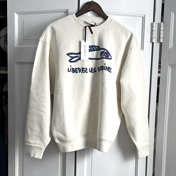 Clare V Cream and Blue Crew Neck Sweater liberez les sardines - Picture 1 of 5